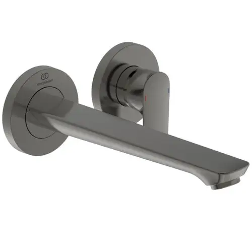 Wandarmatur in Magnetic Grey von Ideal Standard, mit schlanker Auslaufform, zwei Temperaturanzeigen und runder Wandbefestigung.
